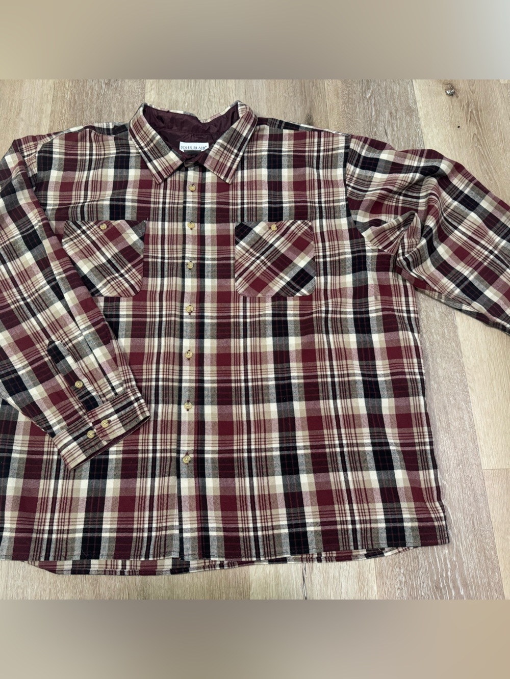 John Blair Men’s Burgundy and Black Plaid Button-Down Shirt